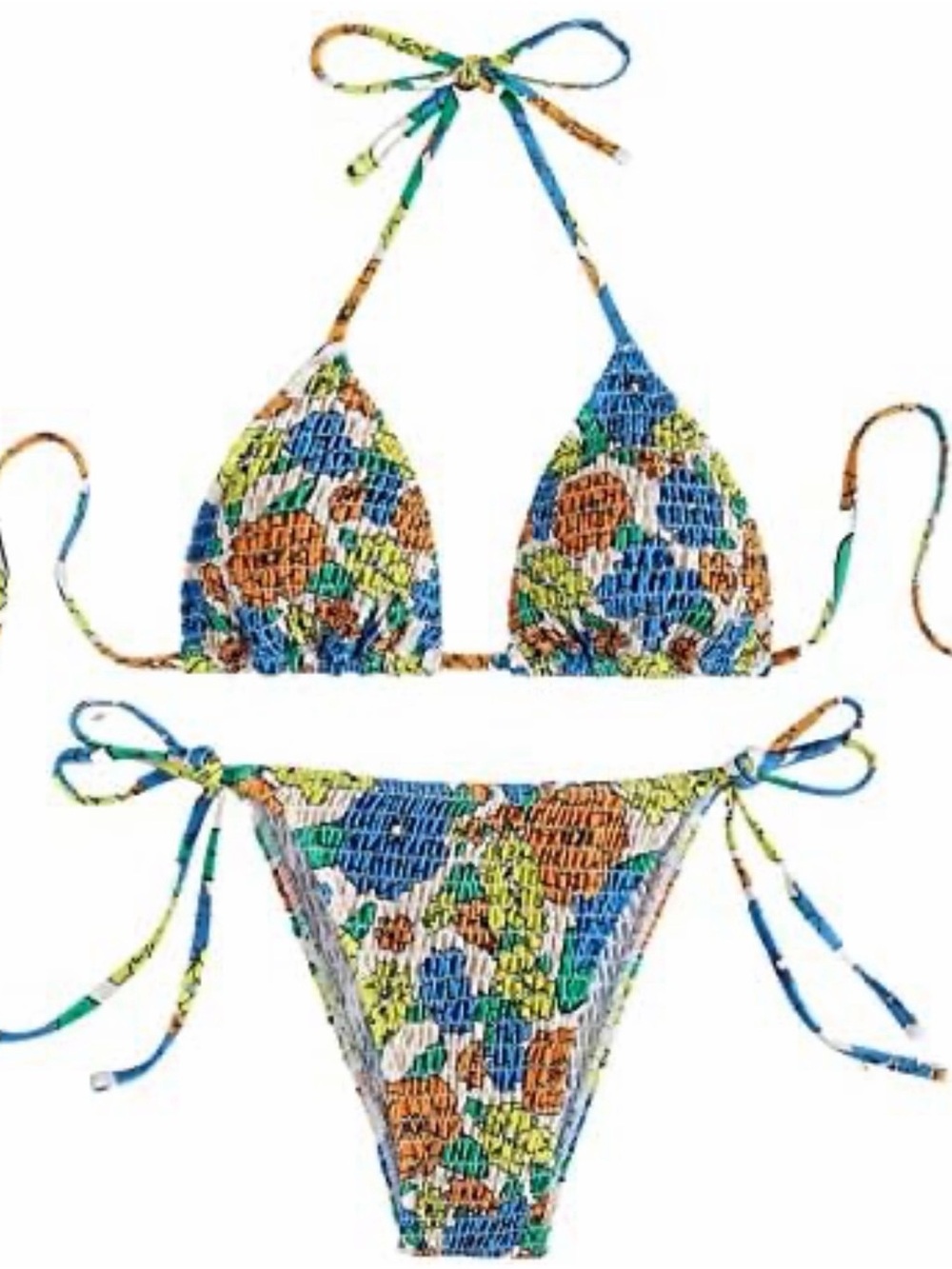SHEIN Blue, Orange & Green Floral Smocked Triangle Bikini